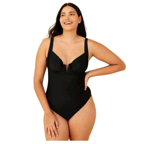 Shade & Shore Other - Shade & Shore Black Gray One-Piece Swimsuit Size 16 With Padded Cups Adjustable